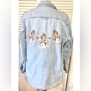 90s Light Blue Denim Shirt with Angel and dove patches long sleeve button down S